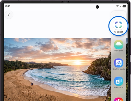 A Galaxy Z Fold screen showing a beach photo and AI select icon highlighted.
