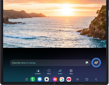A Galaxy Z Fold screen showing a beach photo, a prompt field and a paintbrush icon highlighted next to it.