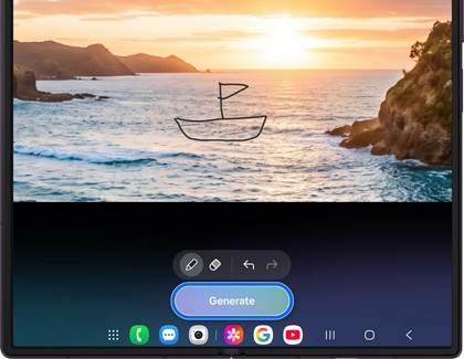  A Galaxy Z Fold screen showing a boat sketch on a beach photo, with the Generate button highlighted.