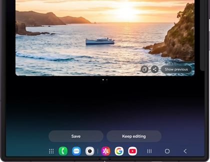 A Galaxy Z Fold screen showing an AI generated boat in a beach photo, with Save and Keep editing buttons visible.