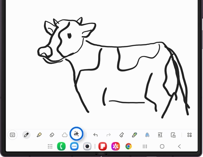A Galaxy Z Fold displaying a simple black line sketch of a cow drawn inside the Samsung Notes app screen, with the Note Assist icon highlighted on the bottom toolbar.