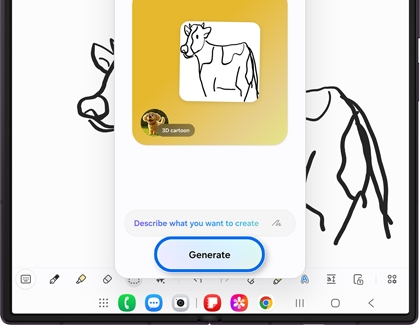 A Galaxy Z Fold displaying the Sketch to Image menu in Samsung Notes with the Generate button highlighted.