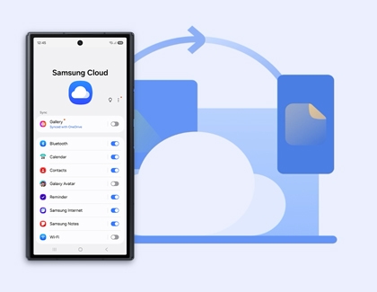 Samsung Cloud sync settings on a Galaxy Z TriFold cover screen with various blue toggle switches.