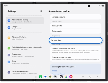 The Accounts and backup settings on an unfolded Galaxy Z TriFold main screen with Back up data under the Google Drive section highlighted in a blue box.