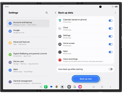 The Back up data screen on an unfolded Galaxy Z TriFold main screen showing various toggle switches for apps and the Back up now button highlighted in a blue box.