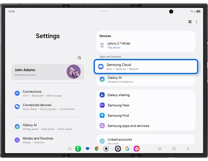 The Settings menu on an unfolded Galaxy Z TriFold main screen with Samsung Cloud highlighted in a blue box.