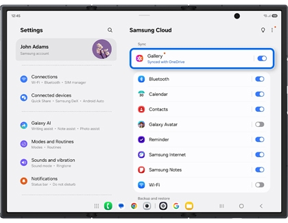 Samsung Cloud settings on an unfolded Galaxy Z TriFold main screen with Gallery-Synced with OneDrive, highlighted in a blue box.