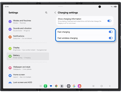 Charging settings on the Galaxy Z TriFold with Fast charging and Fast wireless charging enabled.