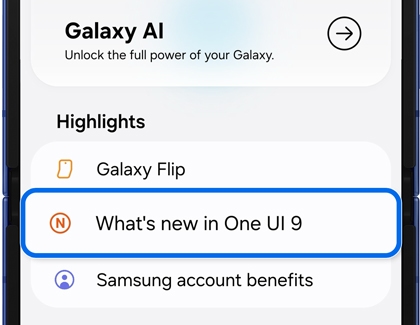 A Galaxy phone screen displaying a user guide menu with What's new in One UI 9 outlined in blue.