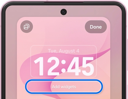 A Galaxy phone screen in edit mode with Add widgets highlighted in blue.