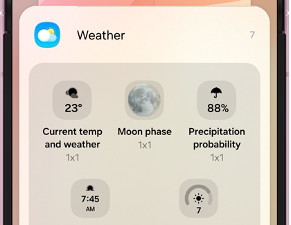 A Weather widget selection menu displaying various 1x1 widget options.
