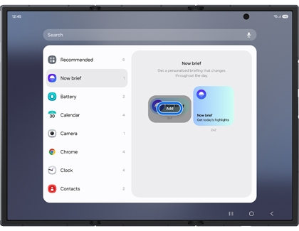 Widget menu on an unfolded Galaxy Z TriFold main screen with the Add button highlighted in blue.