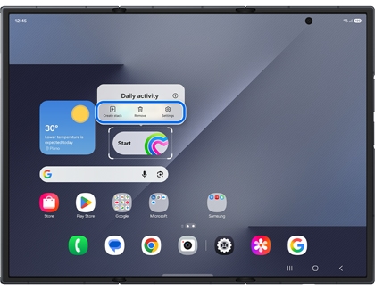 Galaxy Z TriFold main screen showing a widget stack menu with Create stack highlighted in blue.