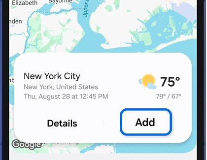 Weather widget on the cover screen of the Galaxy Z Flip7 showing storms possible tonight.