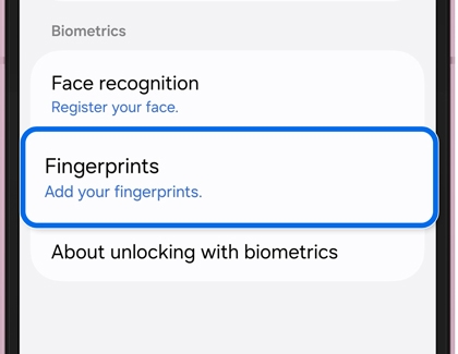 Lock screen and biometrics settings with the Fingerprints option highlighted.