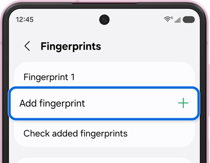 Fingerprints settings screen with Add fingerprint highlighted.
