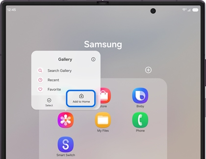A Galaxy Z Fold showing the Gallery pop up menu with the Add to Home option highlighted.