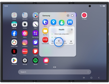 App folder on the Galaxy Z TriFold with the Add to Home button highlighted in a blue circle.