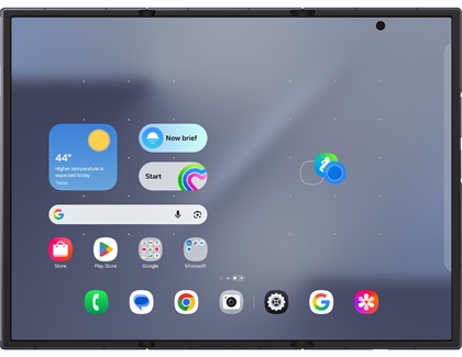 Home screen on the Galaxy Z TriFold with a blue circle highlighting a Samsung Health app icon being moved.