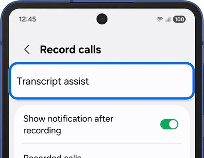 Transcript assist option in the Record calls menu on the Galaxy Z Flip7.