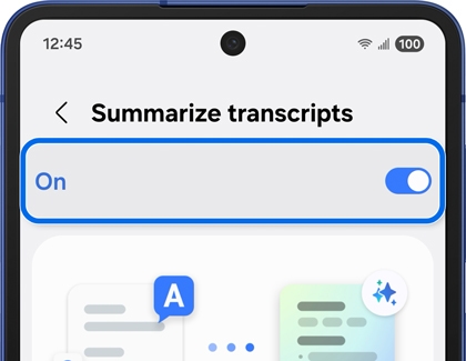 Summarize transcripts option enabled in Transcript assist settings on the Galaxy Z Flip7.