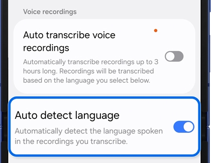 Auto detect language toggle enabled in voice recording transcription settings on the Galaxy Z Flip7.