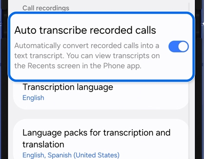 Auto transcribe recorded calls option enabled in call recording settings on the Galaxy Z Flip7.