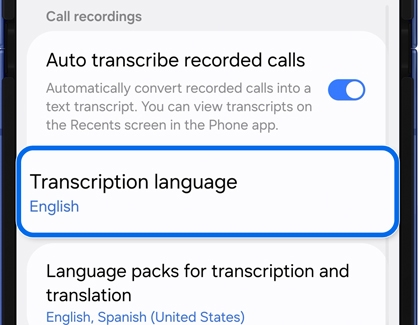 Transcription language set to English in call recording settings on the Galaxy Z Flip7.