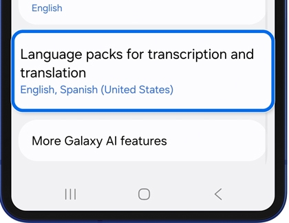 Language packs for transcription and translation shown in call recording settings on the Galaxy Z Flip7.