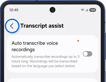 Back arrow highlighted in Transcript assist settings on the Galaxy Z Flip7.