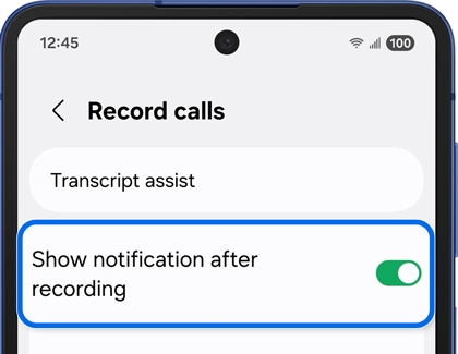 Show notification after recording toggle enabled in Record calls settings on the Galaxy Z Flip7.
