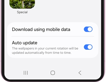 A Samsung phone screen showing wallpaper settings with Download using mobile data and Auto update toggles turned on.
