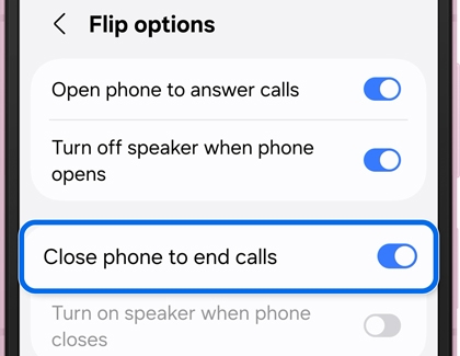 Flip options menu with Close phone to end calls toggle turned on.