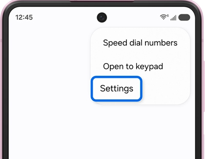 Phone app settings menu on a Samsung Galaxy device highlighting Settings.