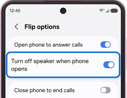 Samsung Galaxy call settings showing multiple flip options including Turn off speaker when phone opens.