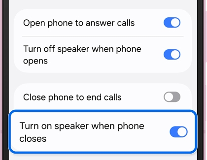 Samsung Galaxy phone call settings screen with Turn on speaker when phone closes toggle enabled.