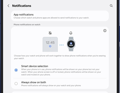 Notification settings for the Galaxy Watch displayed on the Galaxy Z Fold7, showing options to manage how alerts appear across both devices.