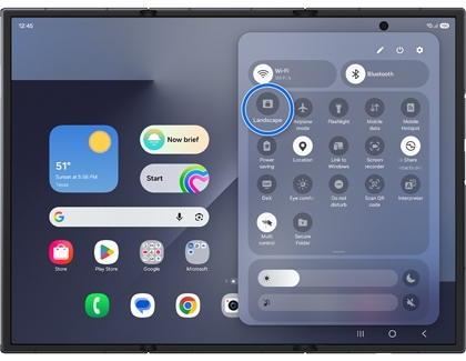 Quick settings panel on an unfolded Galaxy Z TriFold main screen with the Landscape icon highlighted in a blue circle.