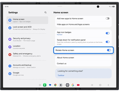 Home screen settings on an unfolded Galaxy Z TriFold main screen with the Rotate Home screen switch highlighted in a blue box.