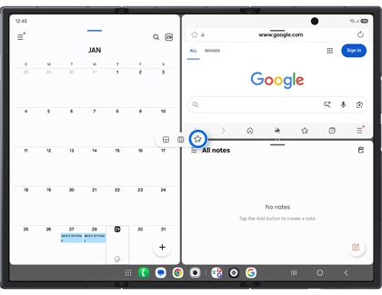 Multi-window view on the Galaxy Z TriFold internal screen with a star icon highlighted in a blue circle between app windows.