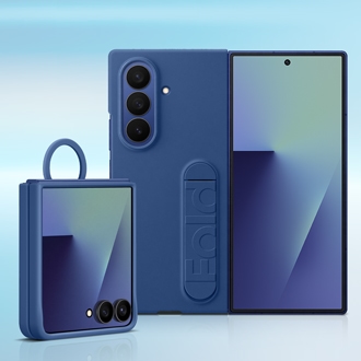 Samsung Galaxy Z Fold7 and Galaxy Z Flip7 in blue protective cases shown side by side.