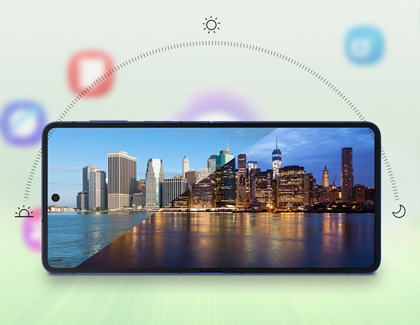 Galaxy Z Flip7 shown with a split-screen image of a city skyline from day to night representing adaptive display or battery performance.