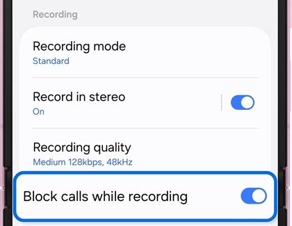 Voice Recorder settings screen with Block calls while recording toggled on.
