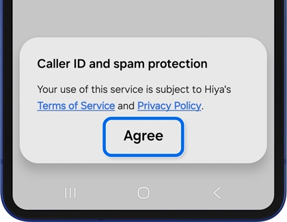 Caller ID and spam protection terms of screen and privacy policy pop-up on the Galaxy Z Flip7.