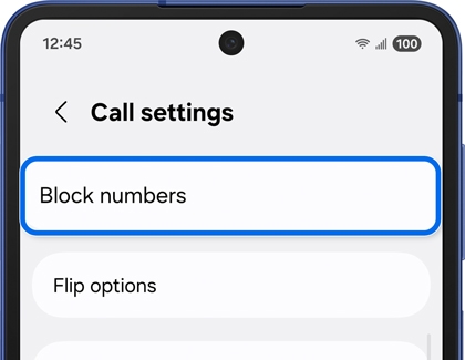Call settings menu on the Galaxy Z Flip7 with Block numbers option highlighted.