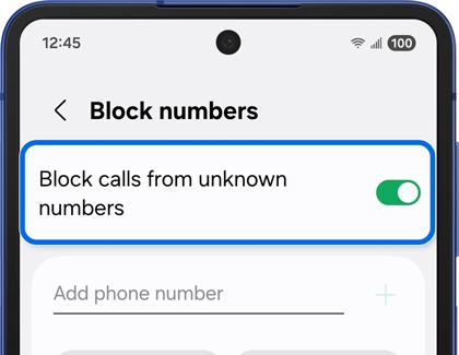 Block numbers screen on the Galaxy Z Flip7 with Block calls from unknown numbers enabled.
