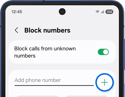 Add phone number option on the Block numbers screen of the Galaxy Z Flip7.