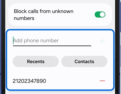 A blocked phone number shown on the Block numbers screen of the Galaxy Z Flip7.