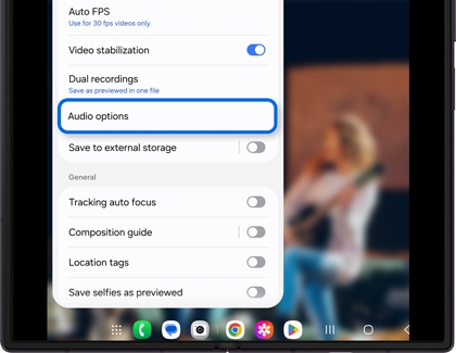 Galaxy Z Fold8 Ultra camera settings menu with Audio options outlined in blue.