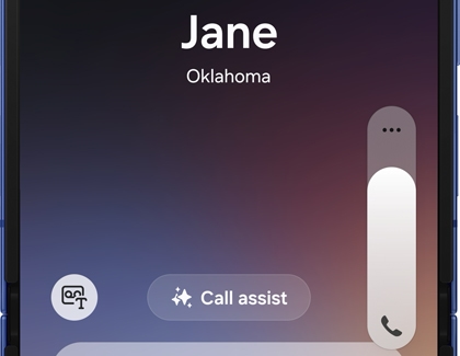 Incoming call screen on the Galaxy Z Flip7 showing the call volume slider and Call assist option.